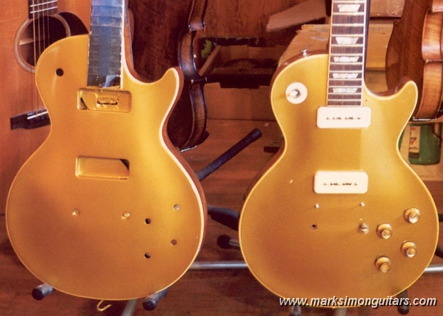 68lp2.jpg - The project guitar is on the left with new gold paint. On the right is another '68, but all original.